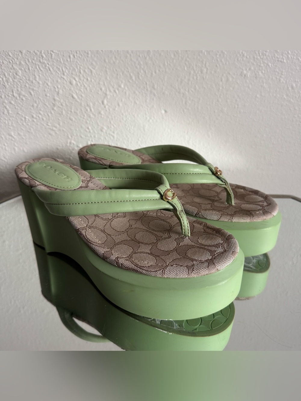 COACH Pistachio Green Leather Y2K Franki Monogram Platform Sandal Flip Flops - Picture 2 of 14